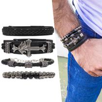 KIT C/04 Pulseiras de Couro Ajustável Masculina Leão Grafite KIT C/04 Pulseiras de Couro Ajustável Masculina Leão Grafite
