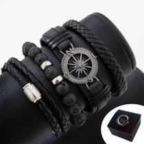 KIT C/04 Pulseiras de Couro Masculina Bússola Grafite Pedras Vulcânicas KIT C/04 Pulseiras de Couro Masculina Bússola Grafite Pedras Vulcânicas