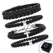 KIT C/04 Pulseiras de Couro Masculina Cruz Crucifixo Trançada+ Bolinhas