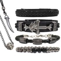 Kit C/04 Pulseiras De Couro Masculina Leão All Black Pedras Hematita + Colares Presa Kit C/04 Pulseiras De Couro Masculina Leão All Black Pedras Hematita + Colares Presa