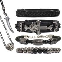 Kit C/04 Pulseiras De Couro Masculina Leão All Black Pedras Hematita + Colares Presa