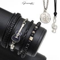 Kit C/04 Pulseiras De Couro Masculina Música Violão Premium + Colares Clave de Sol