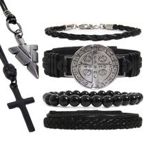 Kit C/04 Pulseiras De Couro Masculina São Bento Grafite + COLARES