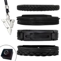 Kit C/04 Pulseiras Masculina Cruz All Black + Colar Ajustável Ponta de Flecha