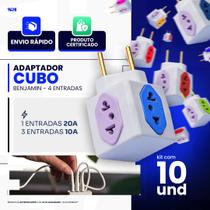 Kit C/10 Adaptador Tomada Benjamin CUBO Entradas 10A/20A Pino Maciço Resistente 4 Tomadas Universal