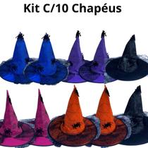 Kit C/10 Chapéus Bruxa C/Renda Coloridos Halloween Kit C/10 Chapéus Bruxa C/Renda Coloridos Halloween