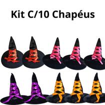 Kit C/10 Chapéus Bruxa Preto Com Fitas Coloridos Halloween Kit C/10 Chapéus Bruxa Preto Com Fitas Coloridos Halloween