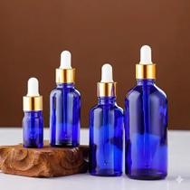 Kit c/ 10 frasco conta gotas azul 30ml tampa dourada e bulbo branco Kit c/ 10 frasco conta gotas azul 30ml tampa dourada e bulbo branco