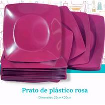 Kit c/ 10 pratos quadrados rosa de plástico refeição buffet - Fortinjet