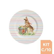 Kit c/10 Pratos Raso de Páscoa Color Rabbits Plus Listrado 28,5cm Alleanza