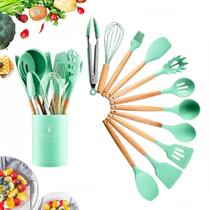 Kit C/12 Utensílios De Cozinha Silicone Cabo Madeira
