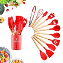 Kit C/12 Utensílios De Cozinha Silicone Cabo Madeira