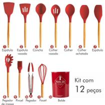 Kit C/12 Utensílios De Cozinha Silicone Cabo Madeira