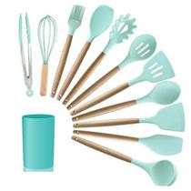 Kit C/12 Utensílios De Cozinha Silicone Cabo Madeira