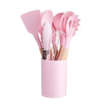 Kit C/12 Utensílios De Cozinha Silicone Cabo Madeira