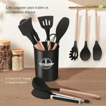 Kit C/12 Utensílios Silicone De Cozinha Cor Cinza Dom Cabo De Madeira Kit C/12 Utensílios Silicone De Cozinha Cor Cinza Dom Cabo De Madeira