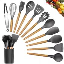 Kit C/12 Utensílios Silicone De Cozinha E Cabo De Madeira