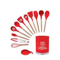 Kit C/13 Peças Utensílios De Cozinha Colheres Espatula Silicone Cabo Madeira Com Balde Decoração - Uny Gift