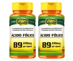 Kit C/2 Ácido Fólico Vitamina B9 240mcg 60 Cápsulas Unilife