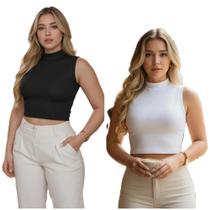 KIT C/2 Blusas Top Cropped Gola Alta Ribana Canelada Algodão KIT C/2 Blusas Top Cropped Gola Alta Ribana Canelada Algodão