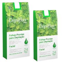 Kit c/ 2 caixas de folhas para depilação facial hortelã depilflax c/24 unid cada Kit c/ 2 caixas de folhas para depilação facial hortelã depilflax c/24 unid cada