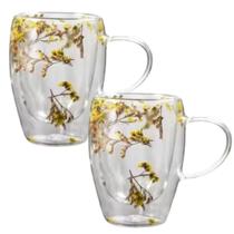 Kit c/ 2 Caneca de Vidro Borossilicato Parede Dupla com Flores Secas 350ml