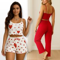 Kit c/2 Conjunto Pijama Babydoll Shortinho + Calça Comprida Verão Primavera Sexy Canelado Kit c/2 Conjunto Pijama Babydoll Shortinho + Calça Comprida Verão Primavera Sexy Canelado