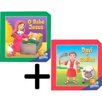 Kit c/2 mini livros cartonados aventuras biblicas davi e golias e o bebê jesus