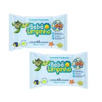 Kit c/ 2 Pacotes Lenços Toalhas Umedecidas Aloe Vera Bebê Limpinho c/45un