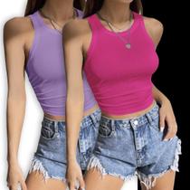 KIT c/ 2 Regatas Blusinhas CROPPED CANELADO Fitness Camiseta Feminina Academia Corrida 1061