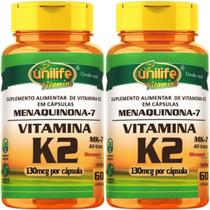 Kit C/ 2 Un. Vitamina K2 Mk7 Menaquinona 500mg 60 Cápsulas Unilife