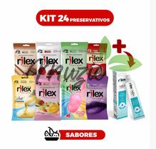 Kit c/ 24 Preservativos Camisinha Rilex Sabores Algodão Doce, Leite Condensado e mais, são 8 Pctes c/ 3 Un Cada + 1 Gel Kit c/ 24 Preservativos Camisinha Rilex Sabores Algodão Doce, Leite Condensado e mais, são 8 Pctes c/ 3 Un Cada + 1 Gel