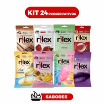 Kit c/ 24 Preservativos Camisinha Rilex Sabores Algodão Doce, Leite Condensado e mais, são 8 Pctes c/ 3 Un Cada Kit c/ 24 Preservativos Camisinha Rilex Sabores Algodão Doce, Leite Condensado e mais, são 8 Pctes c/ 3 Un Cada