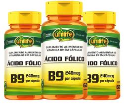 Kit C/3 Ácido Fólico Vitamina B9 240mcg 60 Cápsulas Unilife Kit C/3 Ácido Fólico Vitamina B9 240mcg 60 Cápsulas Unilife