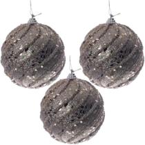 Kit c/ 3 bolas de natal stardust glitter cinza metálico 10cm - haifa premium