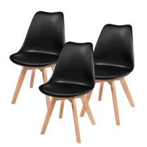 Kit C/3 Cadeira Leda Preta - Charles Eames Wood Com Almofada