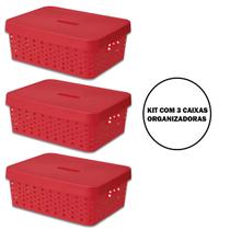 Kit C/ 3 Caixas Organizadoras Multiuso C/ Tampa 11L Vermelho