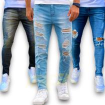 Kit C/3 Calças Jeans Rasgadas Skinny Slim Homem Masculina 483