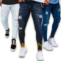 Kit C/3 Calças Jeans Rasgadas Skinny Slim Masculina Homem 482 - IRON