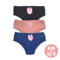 Kit c/ 3 Calcinha Cintura Alta Reforçada com Renda Lut Kit c/ 3 Calcinha Cintura Alta Reforçada com Renda Lut