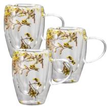Kit c/ 3 Caneca de Vidro Borossilicato Parede Dupla com Flores Secas 350ml