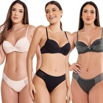 Kit c/3 conjunto lingerie canelado sexy com bojo e renda