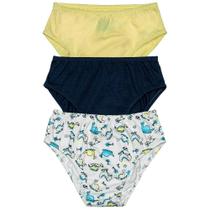 KIT C/3 CUEQUINHAS EM ALGODÃO SLIP INFANTIL DelRio.Cor AMARELO/MARINHO/ BRANCO ESTAMPA T-REX