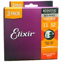 Kit C/ 3 Encordoamentos Elixir Violão Bronze Super Light 0.011 6 Cordas 16538X