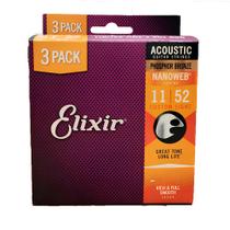 Kit C/ 3 Encordoamentos Elixir Violão Phosphor Bronze Super Light 0.011 6 Cordas 16544X