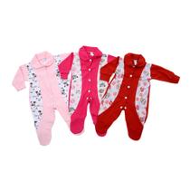 Kit C/3 Macacão De Malha Bebê Estampado Feminino RN Kit C/3 Macacão De Malha Bebê Estampado Feminino RN