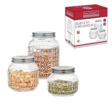Kit c/ 3 Pote Hermético de Vidro Quadriculado 1500 / 1000 / 800 ml Tampa de Inox Hauskraft, Etilux P