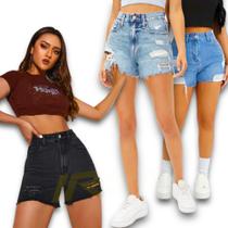 Kit c/3 Shorts Jeans Femininos Rasgados Casual Elastano Slim 495