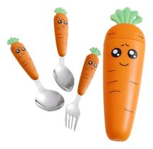 Kit C/ 3 Talher Infantil Com Estojo Colher E Garfo Cenoura