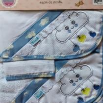 Kit c/ 3 toalhas p/ bebê (fralda tecido duplo/ felpa c/capuz/ rosto ) + bordados + barra pronta